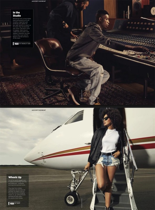 An image is split into two scenes: a music studio with two men, and a private jet with a woman walking down the steps.