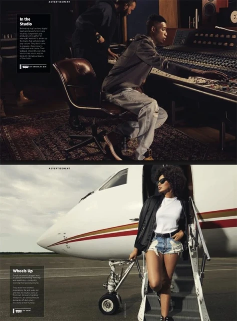 An image is split into two scenes: a music studio with two men, and a private jet with a woman walking down the steps.