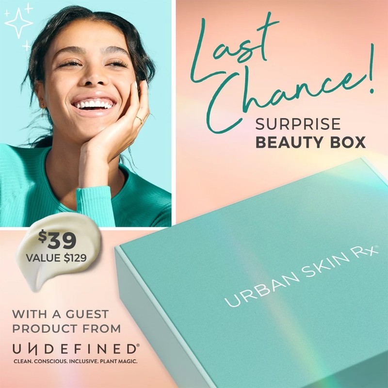 A woman is pictured next to a beauty box and product deal. The overall composition suggests an advertisement for skincare products.