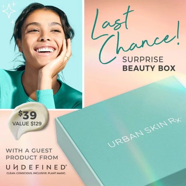 A woman is pictured next to a beauty box and product deal. The overall composition suggests an advertisement for skincare products.