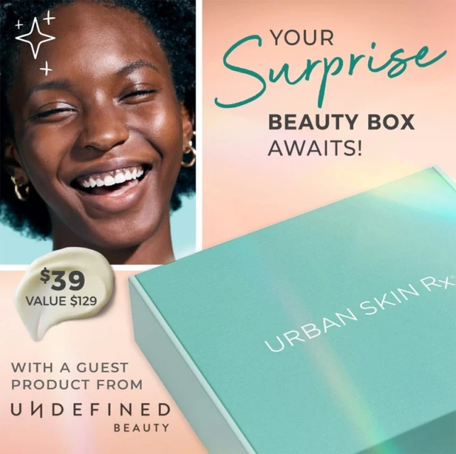 Beauty ad featuring a smiling African American woman alongside a beauty box from Urban Skin Rx, cream sample, and product information.