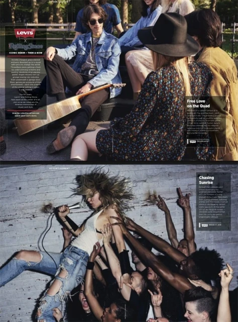 Editorial shot of Levi's Rolling Stone magazine advertisement featuring a group of young adults in a park and a performer crowd surfing.