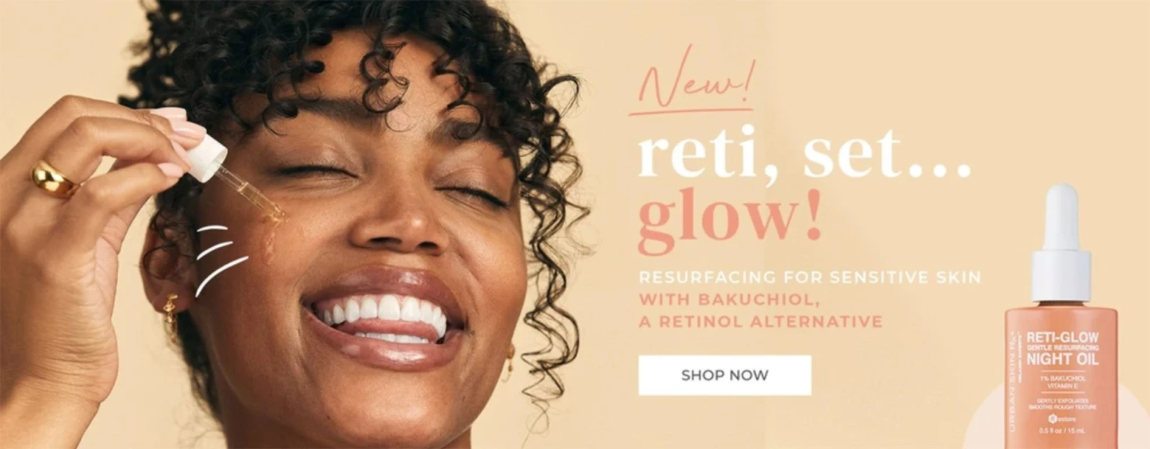 Close-up shot of a woman applying face serum for sensitive skin with bakuchiol, a retinol alternative, in a beauty or skincare campaign.