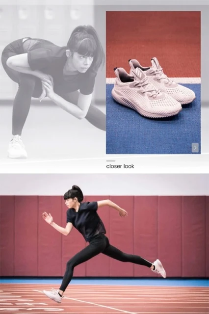 Athlete in black sportswear runs on indoor track, split view with stretching woman and closeup of Adidas running shoes.