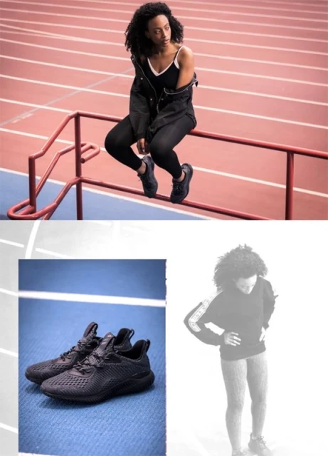 Woman in athletic wear sits on a red railing on a track, wearing black leggings, top, jacket, and sneakers. Bottom images show sneakers.