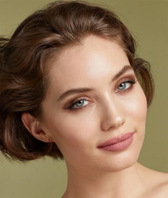 Close-up portrait of a woman with wavy brown hair, wearing makeup and looking at the camera against a muted green backdrop.