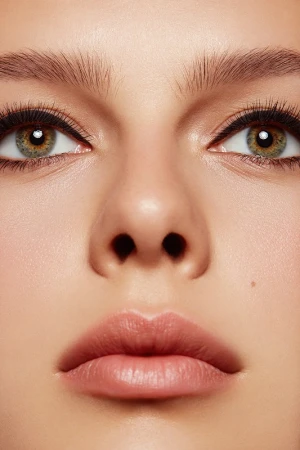 Close-up portrait of a woman's face featuring hazel eyes, light pink lips, and fair skin with natural makeup in a soft, diffused light.