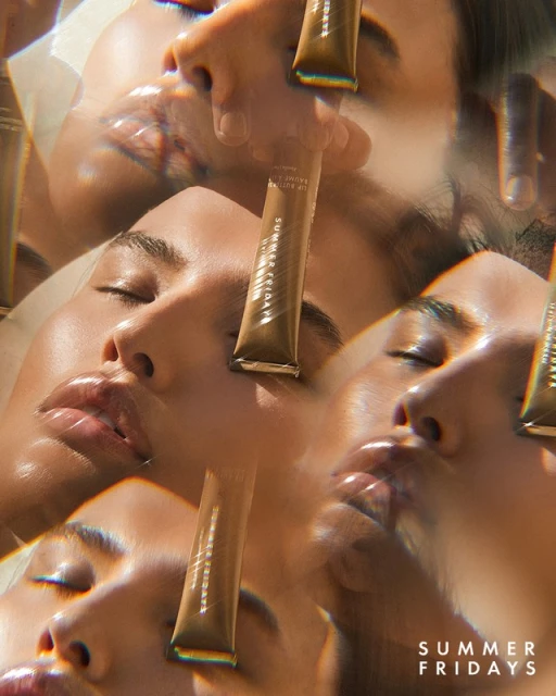 Close-up multiple exposure of a woman's face and Summer Fridays skincare tube, emphasizing beauty and skincare products in a studio setting.