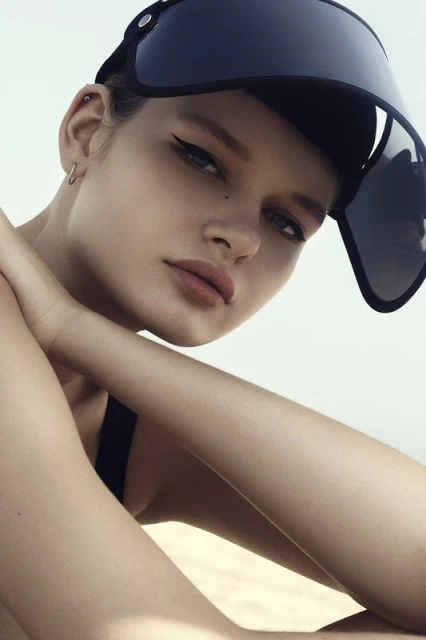 Close-up portrait of a female fashion model wearing a visor hat, showcasing beauty and style with soft, natural lighting.
