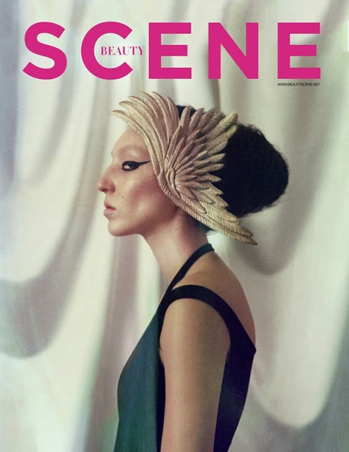 Beauty Scene magazine cover featuring a stylish adult female model with a decorative golden headpiece against a white background.
