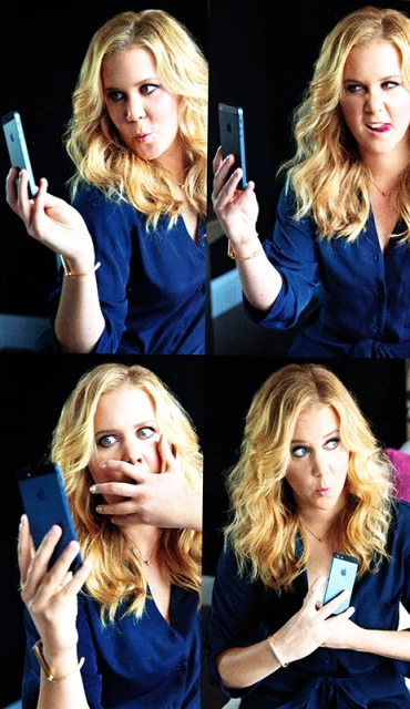 Four images of a blonde woman posing and holding a smartphone. The woman wears a blue wrap dress and a gold bracelet and is indoors.