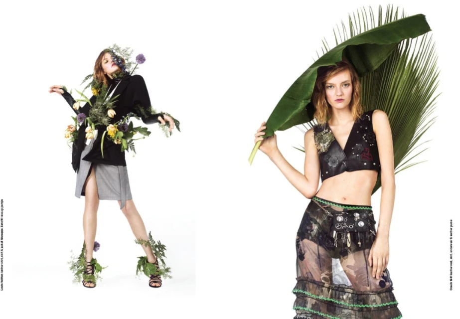 Two female models wearing floral-embellished fashion in a studio. One holds a tropical leaf as a prop in a full studio shot.