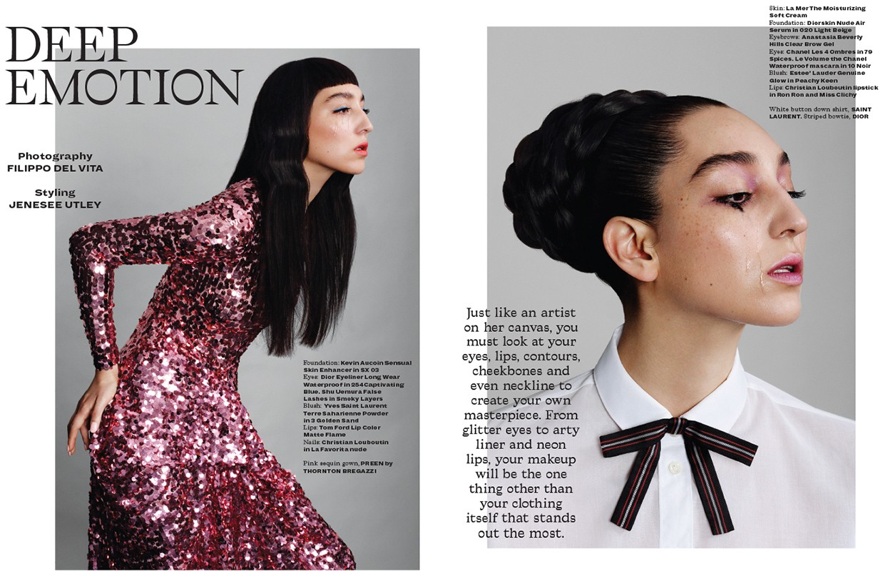 Editorial fashion shot: A woman in a sequin dress poses beside a close-up of a woman in a white button-down shirt with a bow tie.