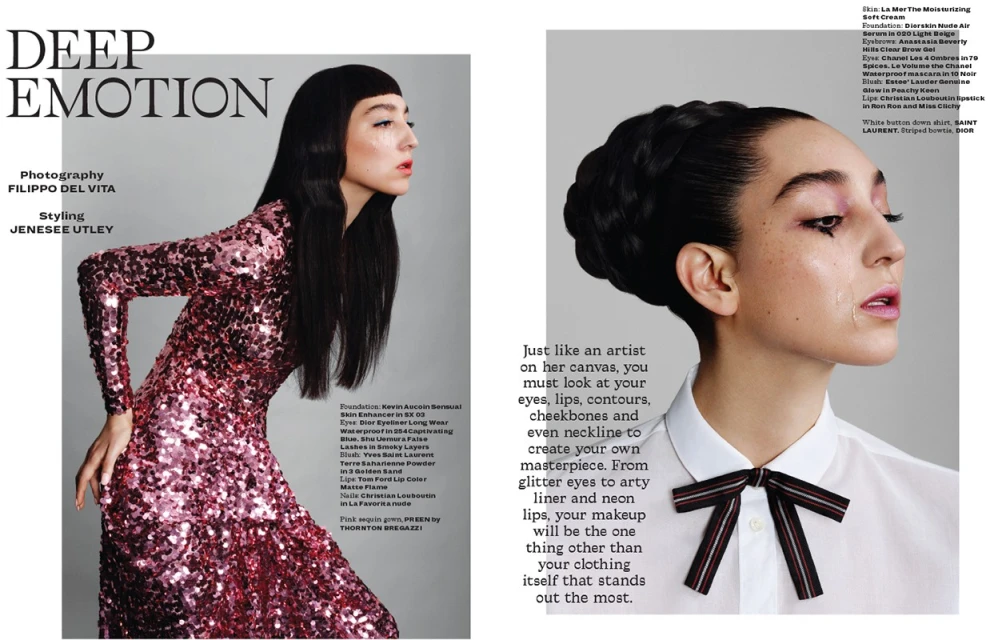 Editorial fashion shot: A woman in a sequin dress poses beside a close-up of a woman in a white button-down shirt with a bow tie.