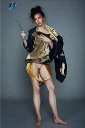 Young woman holding a selfie stick with a phone, wearing metallic gold pleated top and draped jacket against grey background.