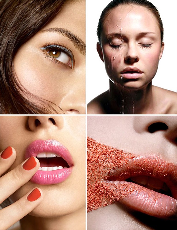 Beauty collage: Close-up shot of a woman's face, eye, lips, and hand with red nails in a four-panel grid on a white backdrop.