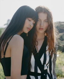 Two female models posing closely together outdoors in soft daylight with hair styling by Jennifer Budner