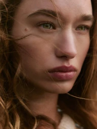 Close-up portrait of a woman with green eyes and stray strands of hair blowing across her face in Los Angeles.