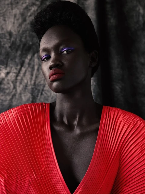 Elegant portrait of a woman with dark skin and bold makeup, wearing a red pleated top, set against a textured gray backdrop.