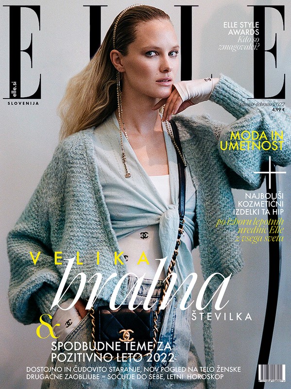 Elle Slovenia magazine cover featuring a blonde woman in a casual, stylish outfit with a small Chanel purse and subtle makeup.