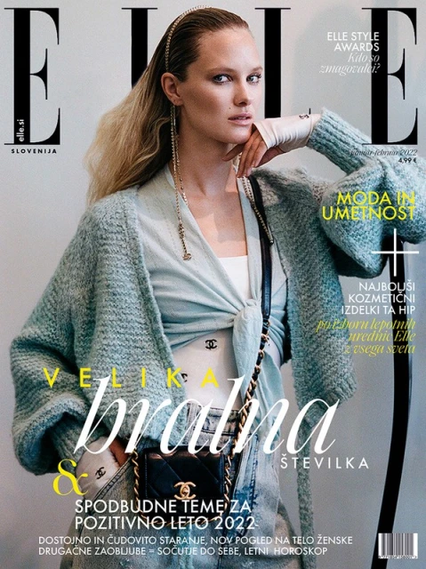 Elle Slovenia magazine cover featuring a blonde woman in a casual, stylish outfit with a small Chanel purse and subtle makeup.