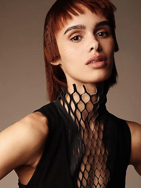 Portrait of a woman with short auburn hair and a black patterned top against a neutral background. Beauty and fashion concept.