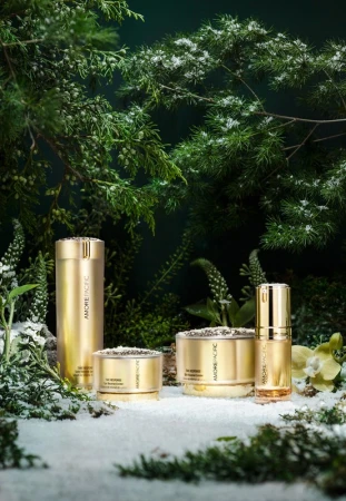 Golden skincare product containers are arranged among evergreen branches dusted with snow against a dark green backdrop in a studio shot.