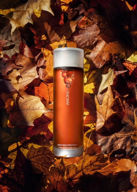 Close-up of amber-colored AmorePacific Vintage Single Extract Essence bottle surrounded by vibrant, fallen autumn leaves in a studio setting.