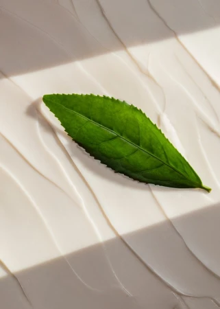Close-up of a vibrant green leaf resting on top of a light-beige surface, creating a natural and soothing aesthetic for beauty ads.