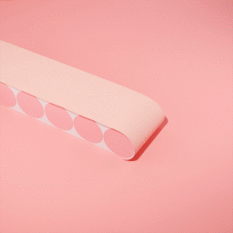 A pastel pink curved object with circular patterns resting on a matching pink background.