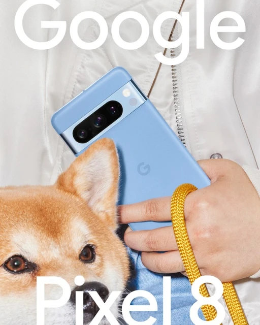Promotional image featuring a Google Pixel 8 smartphone in a blue case with a dog, showcasing the phone's design and size.