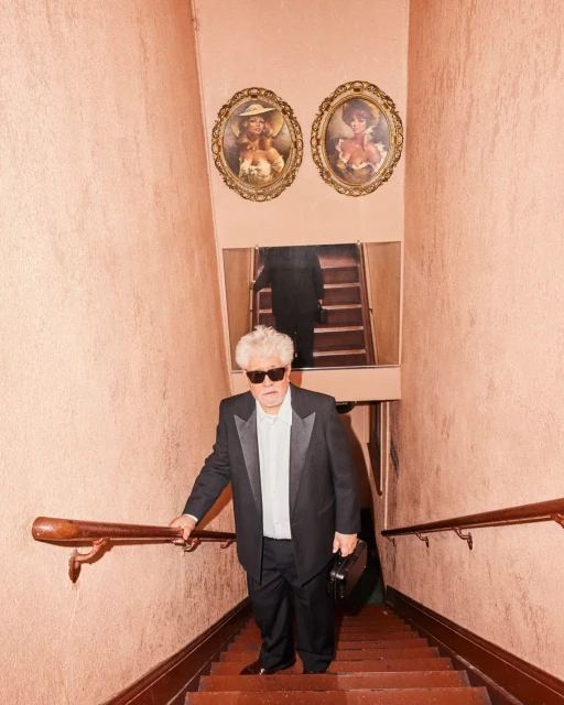 Adult male wearing a black tuxedo descending red stairs with a black briefcase indoors with a mirror and framed art on the pale-pink wall.