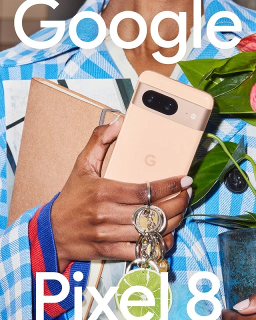 Close-up product shot of a Google Pixel 8 smartphone held by a person, showcasing its design and features against a patterned backdrop.