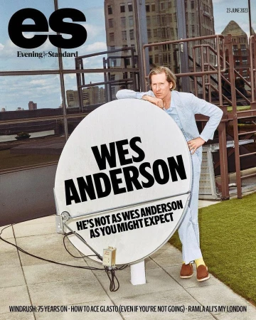 Evening Standard magazine cover featuring Wes Anderson leaning against a large satellite dish on a rooftop in front of city buildings.