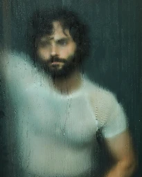 Man with curly brown hair and beard wearing a white t-shirt behind a wet glass window covered in water droplets.