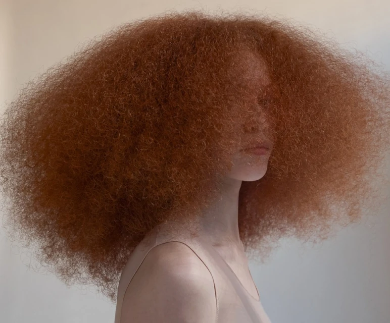 Profile portrait of a young adult woman with voluminous red afro hairstyle against a neutral background in a beauty and fashion context.