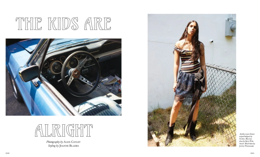 Editorial fashion shot of a woman posing in a short skirt and boots, with a vintage car interior visible in the background.