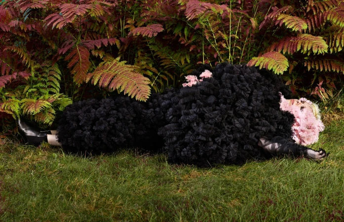 Woman in ruffled black dress lies on grass in a fashionable pose, surrounded by red and green ferns, creating a striking contrast.
