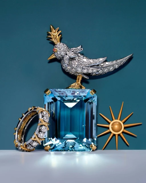 Still life shot of an ornamental bird brooch encrusted with gems, a gem ring, and a gold sun sculpture against a teal backdrop.