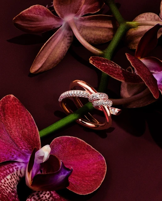 Elegant rose gold ring adorned with diamonds set against vibrant magenta orchids, creating a luxurious and romantic jewelry still life.