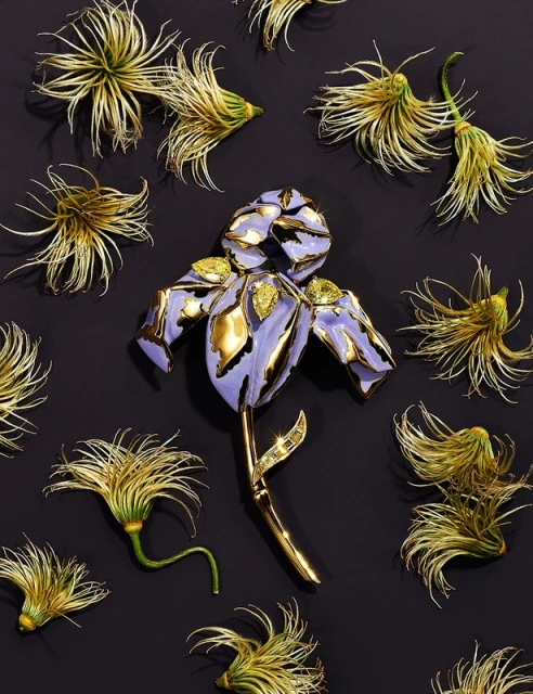 Overhead view of a purple and gold floral brooch surrounded by numerous gold and green wispy flower buds on a black background.