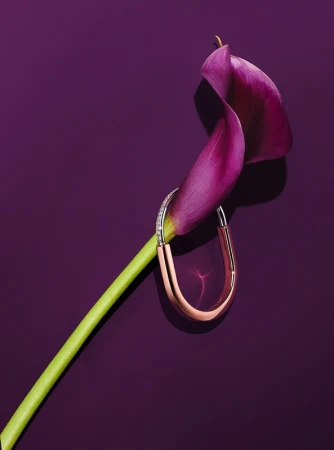 Rose gold diamond hoop earring delicately intertwined with a purple calla lily flower on a solid plum background.