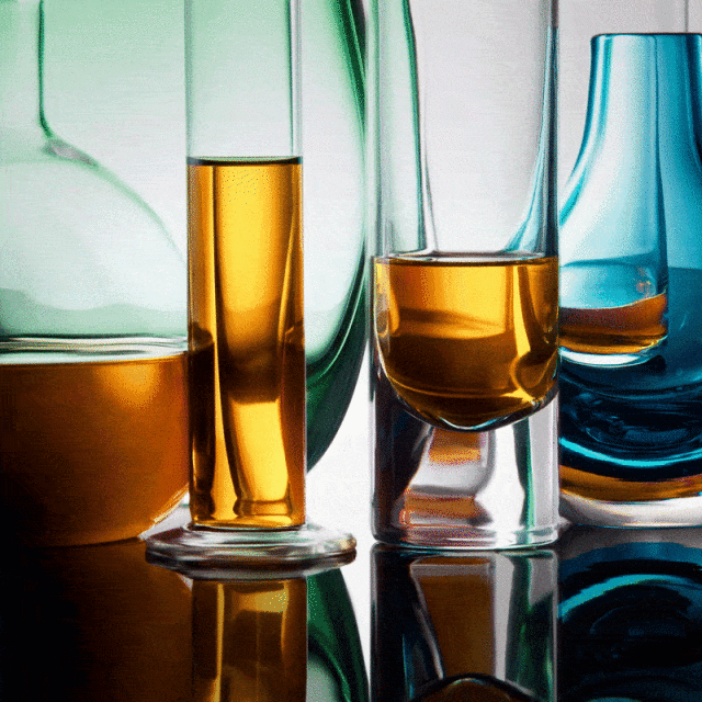 Still life of colorful glass laboratory beakers and cylinders filled with amber liquid against a white background, reflecting on the surface.