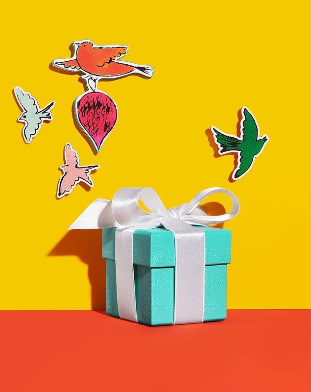 A teal gift box tied with a white ribbon is situated on a split red and yellow background with illustrated paper birds floating above.