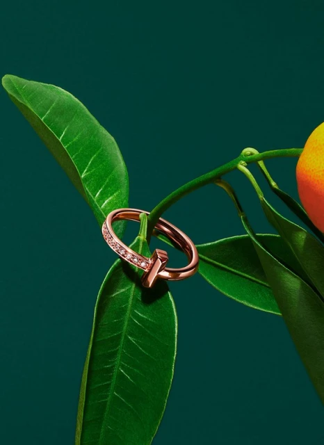 Rose gold ring with embedded diamonds on a green leaf, set against a deep green backdrop with a partially visible orange.