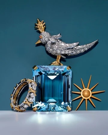 Luxury jewelry still life: A jeweled bird figurine sits on a large aquamarine, with a diamond ring and a sunburst accent piece.