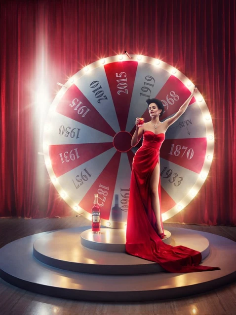 Glamorous woman in a red dress on a stage with a wheel of fortune, holding a cocktail, bright lighting, and red curtain background.