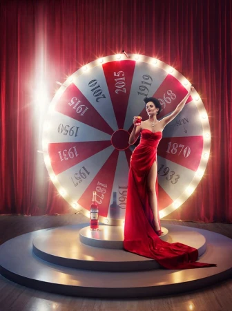 Glamorous woman in a red dress on a stage with a wheel of fortune, holding a cocktail, bright lighting, and red curtain background.
