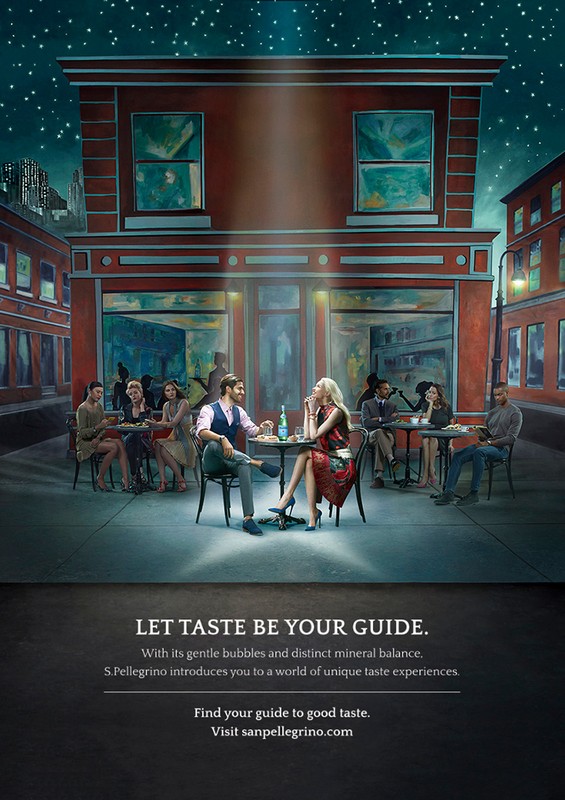 Outdoor cafe scene at night with people seated at tables, a bottle of San Pellegrino, and an advertisement for the sparkling water.