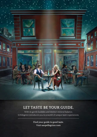 Outdoor cafe scene at night with people seated at tables, a bottle of San Pellegrino, and an advertisement for the sparkling water.